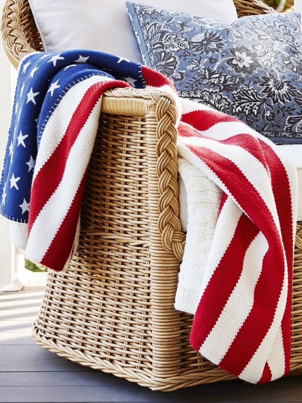 Pottery Barn Americana Flag Cable Knit Throw Blanket USA 50" x 60" NWT
